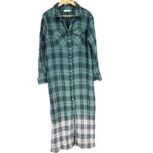 Natural Life Brooke Maxi Shirt Dress Size Large Teal Green Plaid Ombre Boho